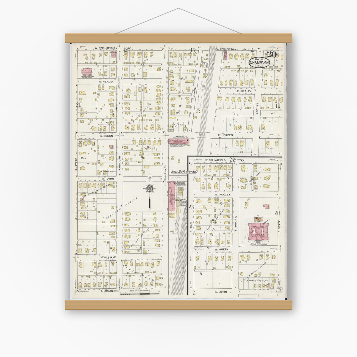 Old map wall art mockup — magnetic wood frame on white wall — Sanborn Fire Insurance Map from Champaign, Champaign County, Illinois (1915), Sheet #0020