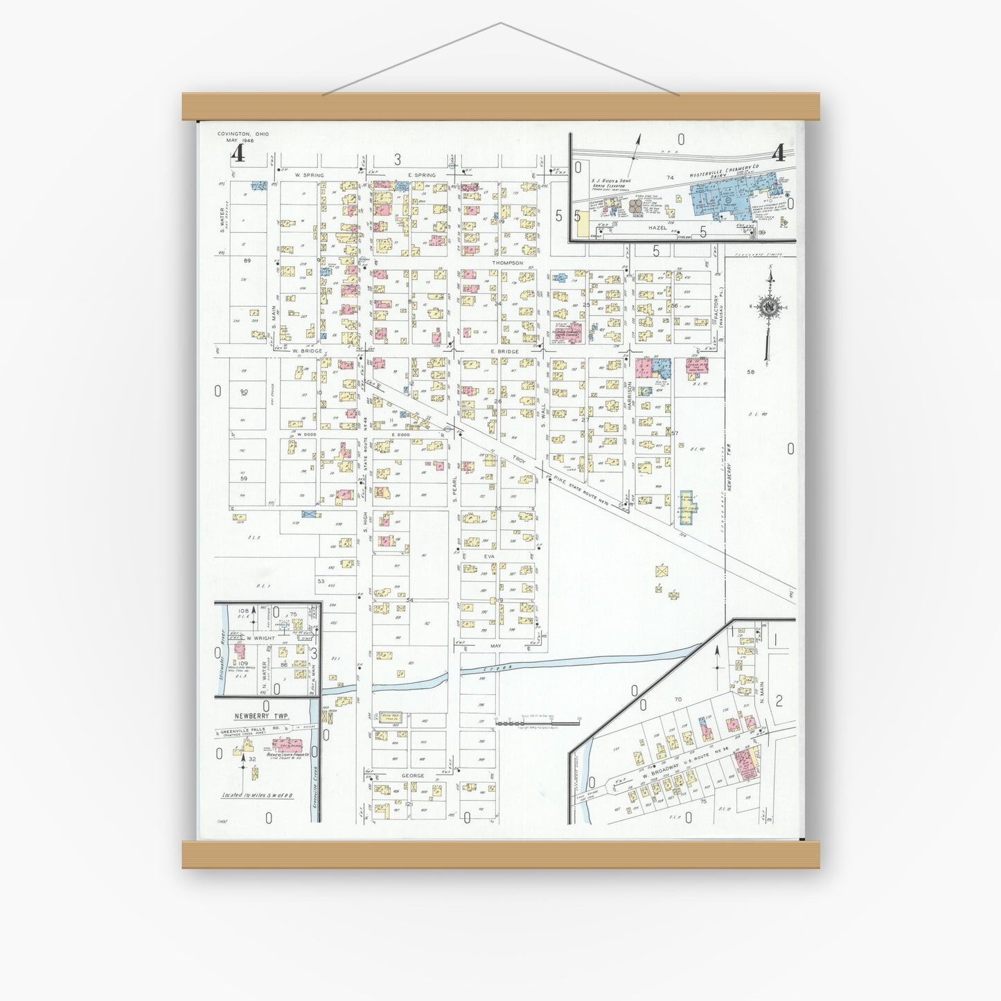 Old map wall art mockup — magnetic wood frame on white wall — Sanborn Fire Insurance Map from Covington, Miami County, Ohio (1946), Sheet #0004