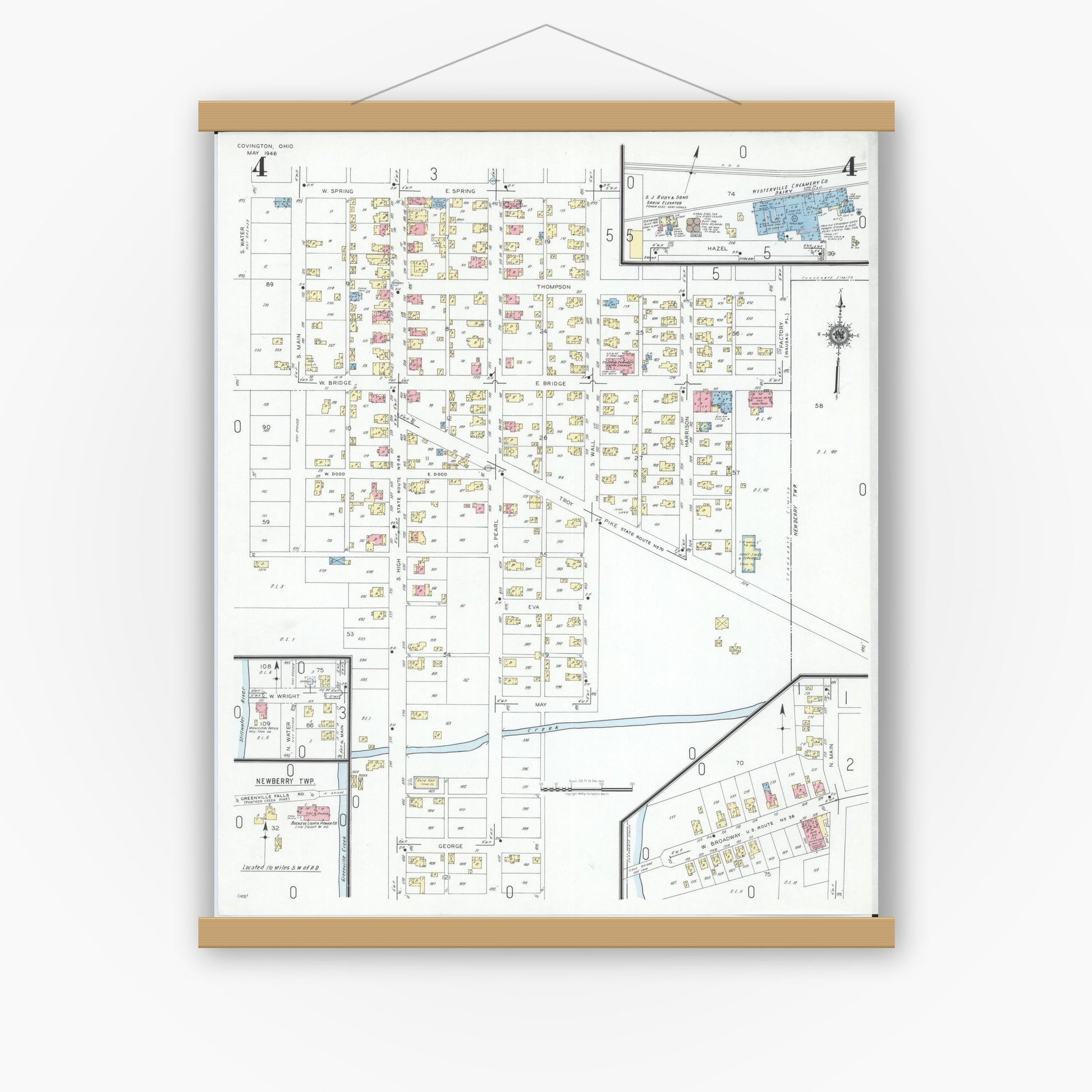 Old map wall art mockup — magnetic wood frame on white wall — Sanborn Fire Insurance Map from Covington, Miami County, Ohio (1946), Sheet #0004
