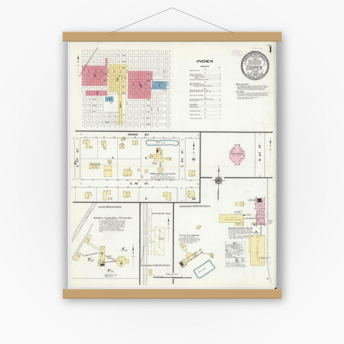 Old map wall art mockup — magnetic wood frame on white wall — Sanborn Fire Insurance Map from Cooper, Delta County, Texas (1909) - Complete Map Set