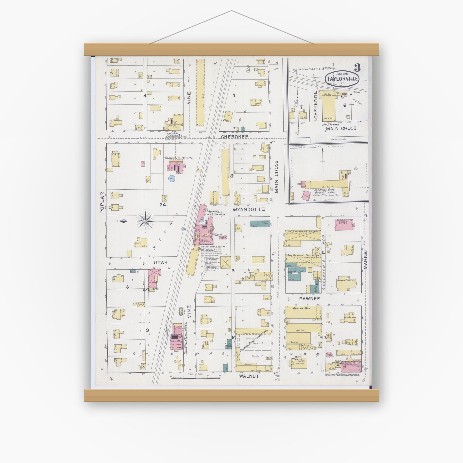 Old map wall art mockup — magnetic wood frame on white wall — Sanborn Fire Insurance Map from Taylorville, Christian County, Illinois (1893), Sheet #0003