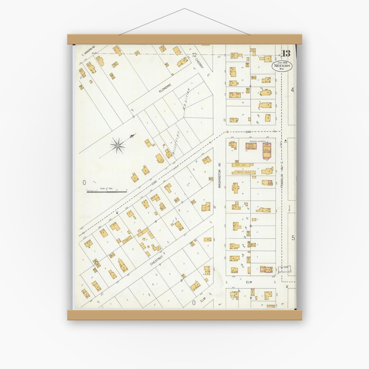 Old map wall art mockup — magnetic wood frame on white wall — Sanborn Fire Insurance Map from Neenah, Winnebago County, Wisconsin (1906), Sheet #0013