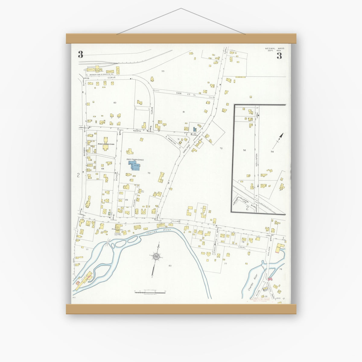 Old map wall art mockup — magnetic wood frame on white wall — Sanborn Fire Insurance Map from Medway, Norfolk County, Massachusetts (1933), Sheet #0003