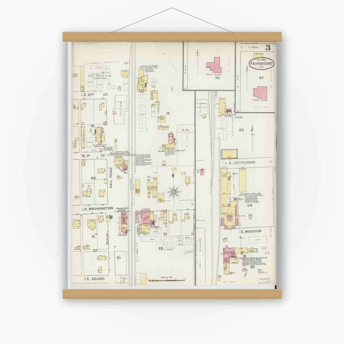 Old map wall art mockup — magnetic wood frame on white wall — Sanborn Fire Insurance Map from Fairmount, Grant County, Indiana (1893), Sheet #0003