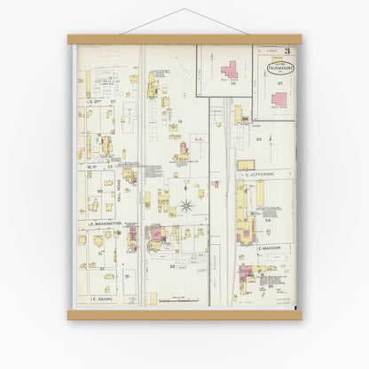 Old map wall art mockup — magnetic wood frame on white wall — Sanborn Fire Insurance Map from Fairmount, Grant County, Indiana (1893), Sheet #0003