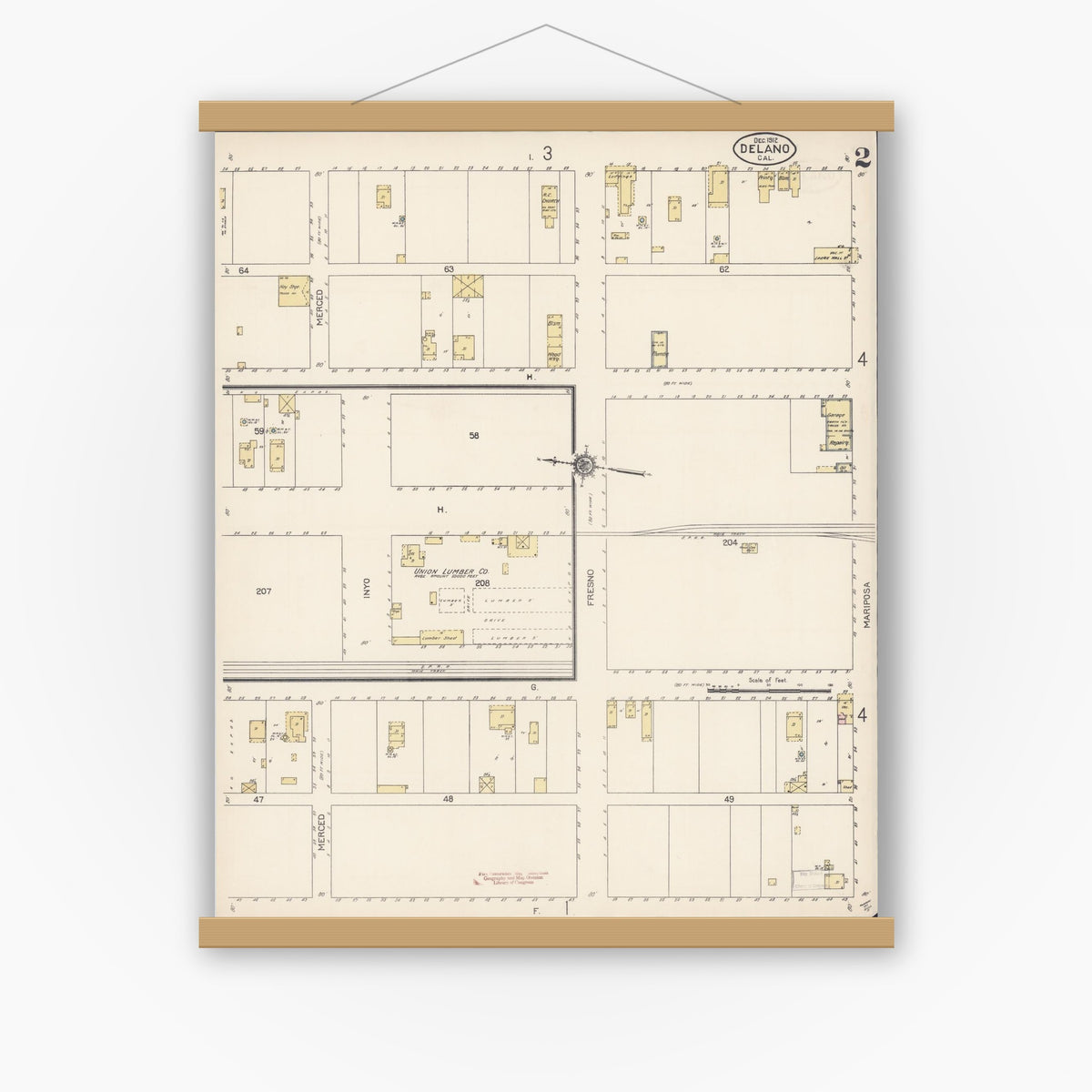 Old map wall art mockup — magnetic wood frame on white wall — Sanborn Fire Insurance Map from Delano, Kern County, California (1912), Sheet #0002