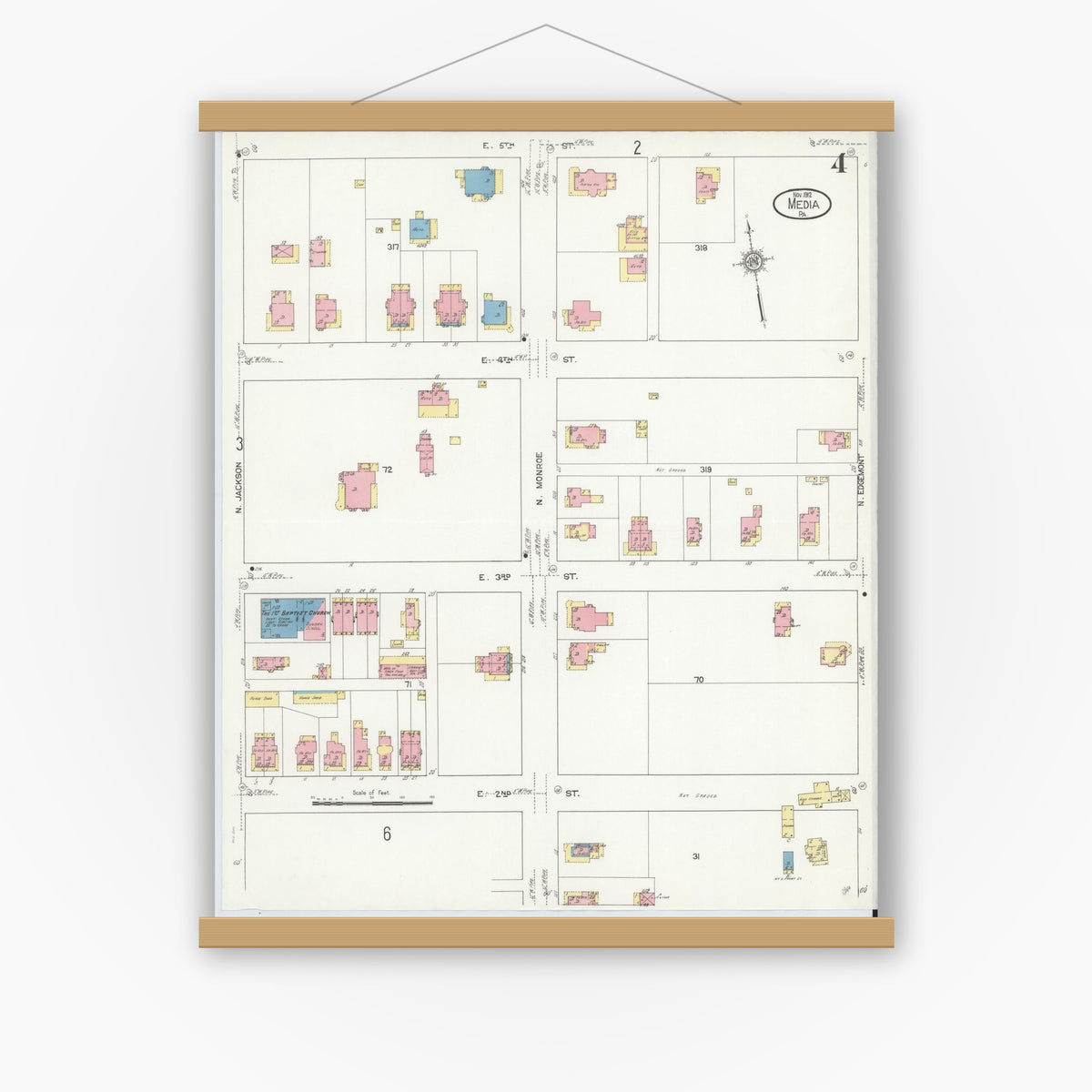 Old map wall art mockup — magnetic wood frame on white wall — Sanborn Fire Insurance Map from Media, Delaware County, Pennsylvania (1912), Sheet #0004