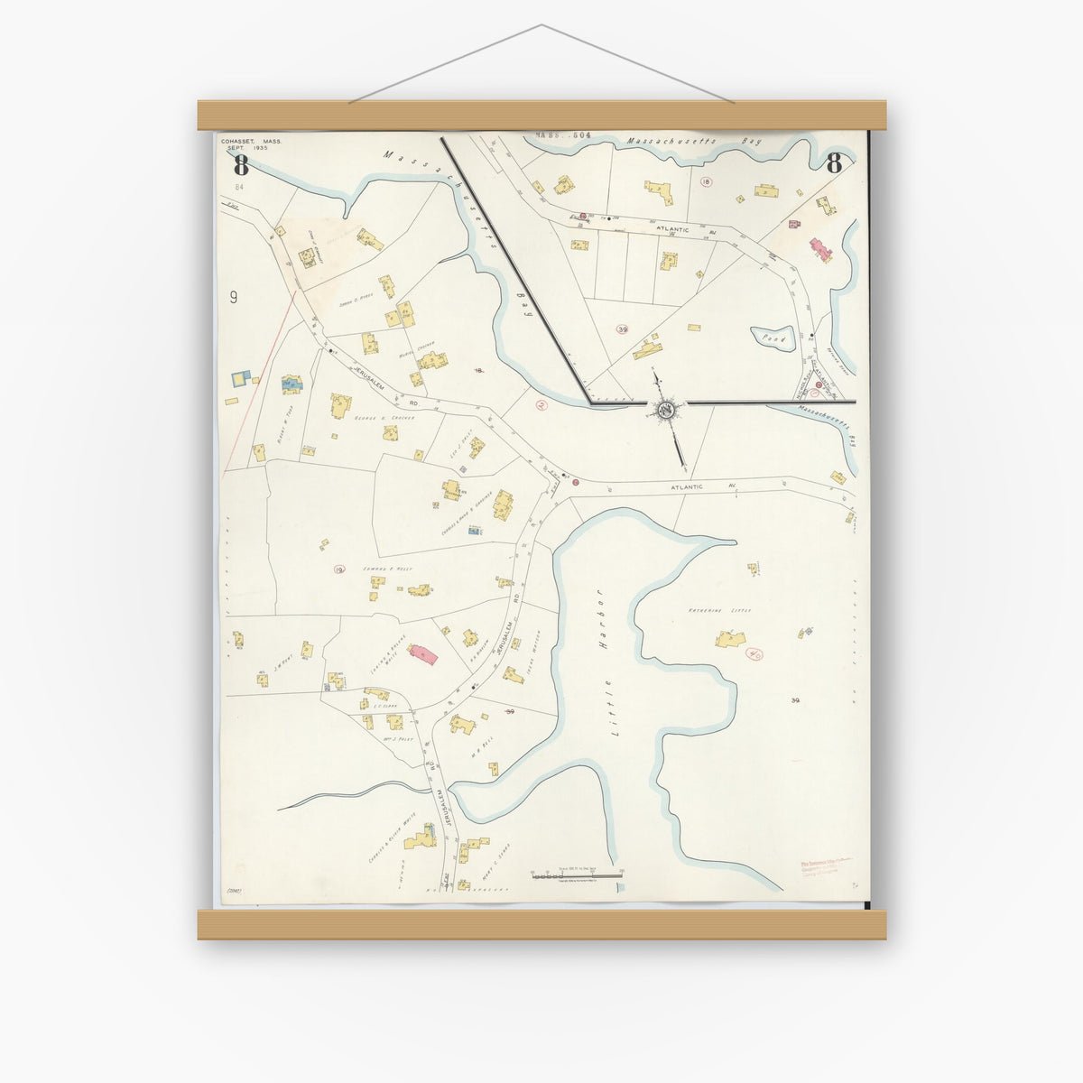 Old map wall art mockup — magnetic wood frame on white wall — Sanborn Fire Insurance Map from Cohasset, Norfolk County, Massachusetts (1940), Sheet #0008