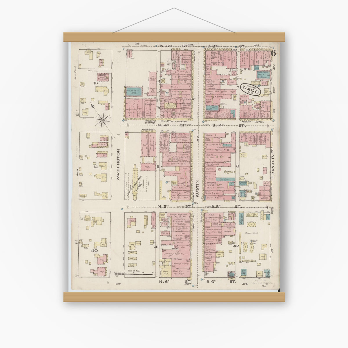 Old map wall art mockup — magnetic wood frame on white wall — Sanborn Fire Insurance Map from Waco, McLennan County, Texas (1885), Sheet #0006