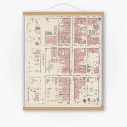 Old map wall art mockup — magnetic wood frame on white wall — Sanborn Fire Insurance Map from Waco, McLennan County, Texas (1885), Sheet #0006