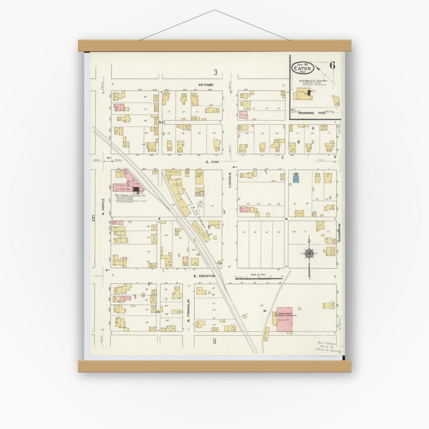 Old map wall art mockup — magnetic wood frame on white wall — Sanborn Fire Insurance Map from Eaton, Preble County, Ohio (1911), Sheet #0006