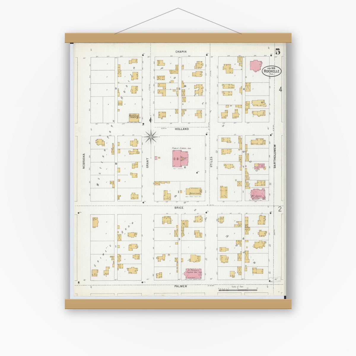 Old map wall art mockup — magnetic wood frame on white wall — Sanborn Fire Insurance Map from Rochelle, Ogle County, Illinois (1899), Sheet #0005