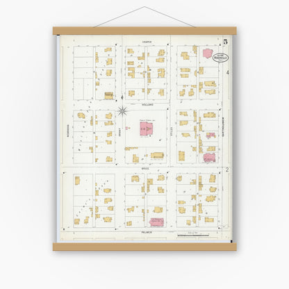Old map wall art mockup — magnetic wood frame on white wall — Sanborn Fire Insurance Map from Rochelle, Ogle County, Illinois (1899), Sheet #0005