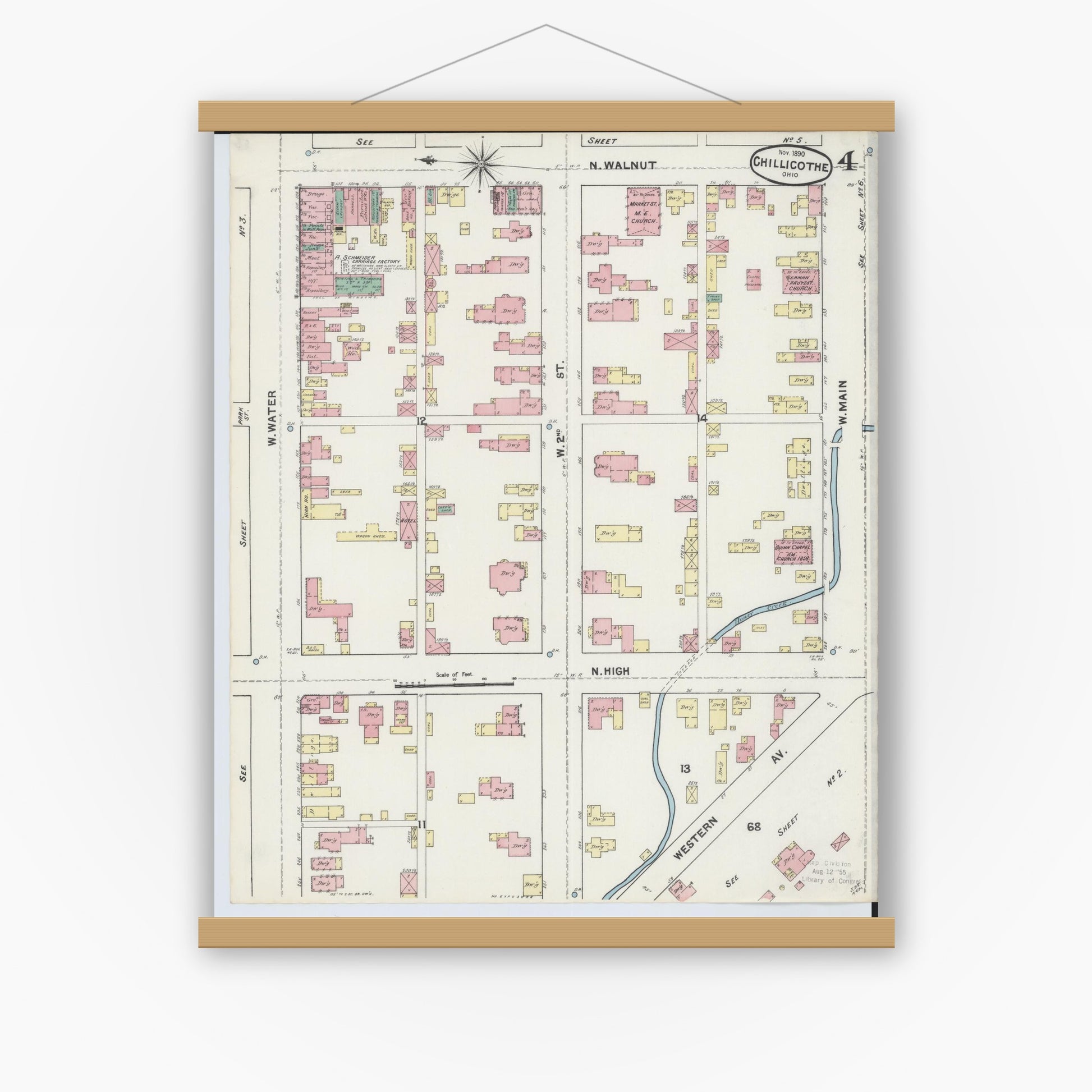 Old map wall art mockup — magnetic wood frame on white wall — Sanborn Fire Insurance Map from Chillicothe, Ross County, Ohio (1890), Sheet #0004