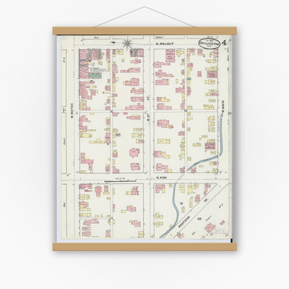 Old map wall art mockup — magnetic wood frame on white wall — Sanborn Fire Insurance Map from Chillicothe, Ross County, Ohio (1890), Sheet #0004