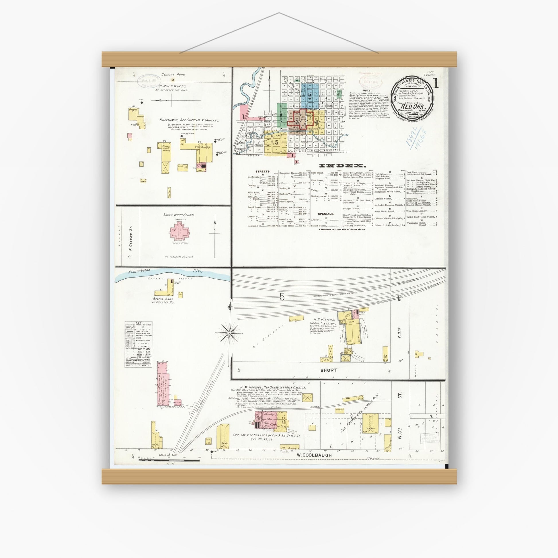 Old map wall art mockup — magnetic wood frame on white wall — Sanborn Fire Insurance Map from Red Oak, Montgomery County, Iowa (1899) â€” Complete Set