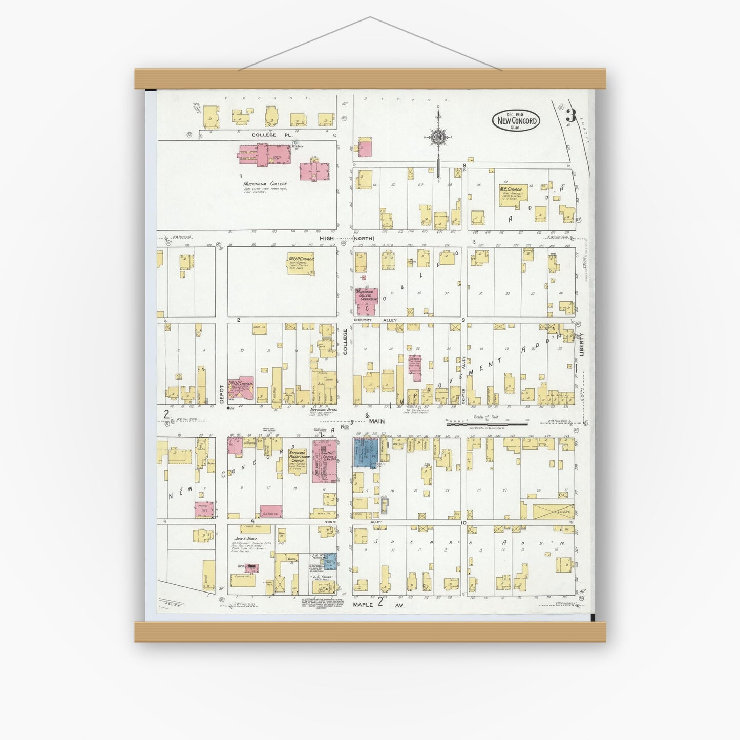 Old map wall art mockup — magnetic wood frame on white wall — Sanborn Fire Insurance Map from New Concord, Muskingum County, Ohio (1918), Sheet #0003