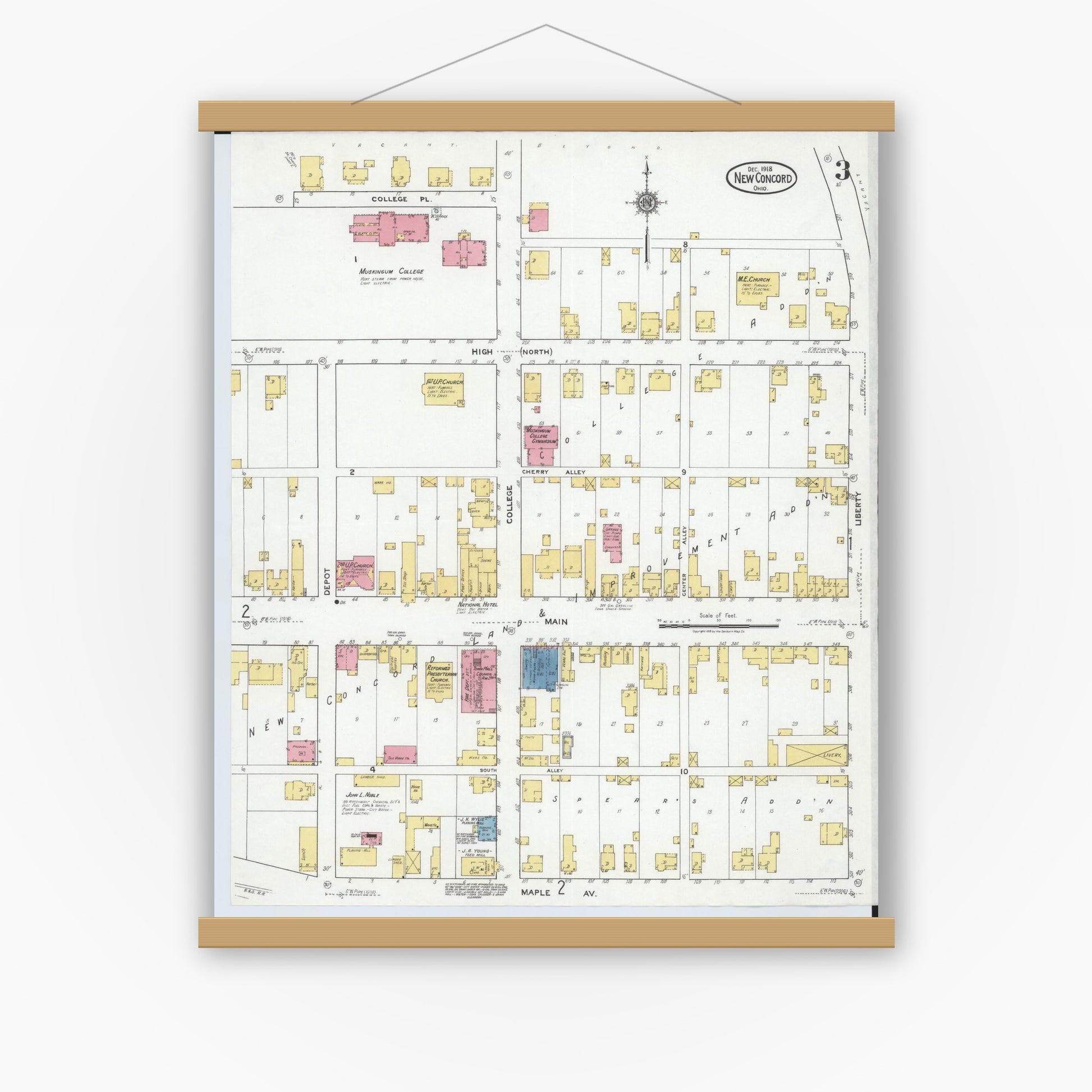 Old map wall art mockup — magnetic wood frame on white wall — Sanborn Fire Insurance Map from New Concord, Muskingum County, Ohio (1918), Sheet #0003
