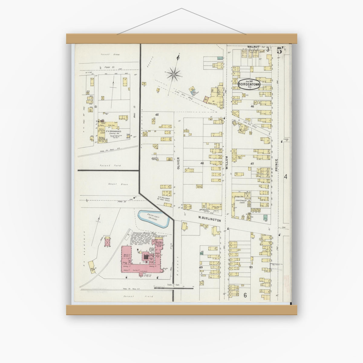 Old map wall art mockup — magnetic wood frame on white wall — Sanborn Fire Insurance Map from Bordentown, Burlington County, New Jersey (1897), Sheet #0005
