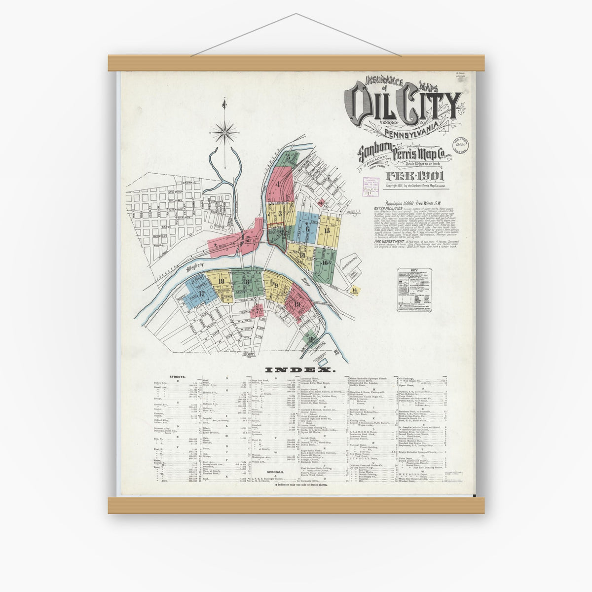 Old map wall art mockup — magnetic wood frame on white wall — Sanborn Fire Insurance Map from Oil City, Venango County, Pennsylvania (1901), Sheet #0001