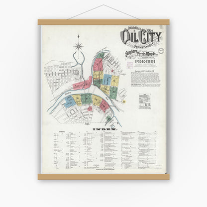 Old map wall art mockup — magnetic wood frame on white wall — Sanborn Fire Insurance Map from Oil City, Venango County, Pennsylvania (1901), Sheet #0001