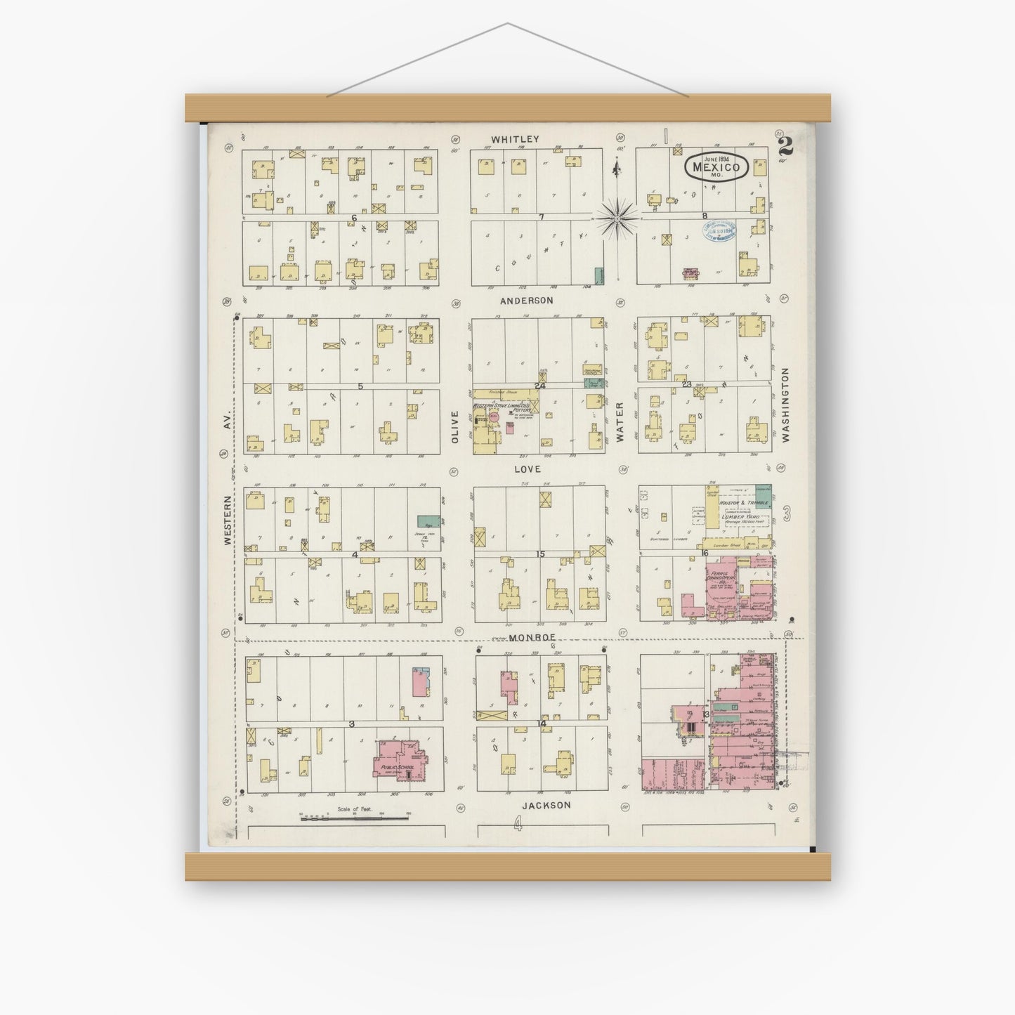 Old map wall art mockup — magnetic wood frame on white wall — Sanborn Fire Insurance Map from Mexico, Audrain County, Missouri (1894), Sheet #0002