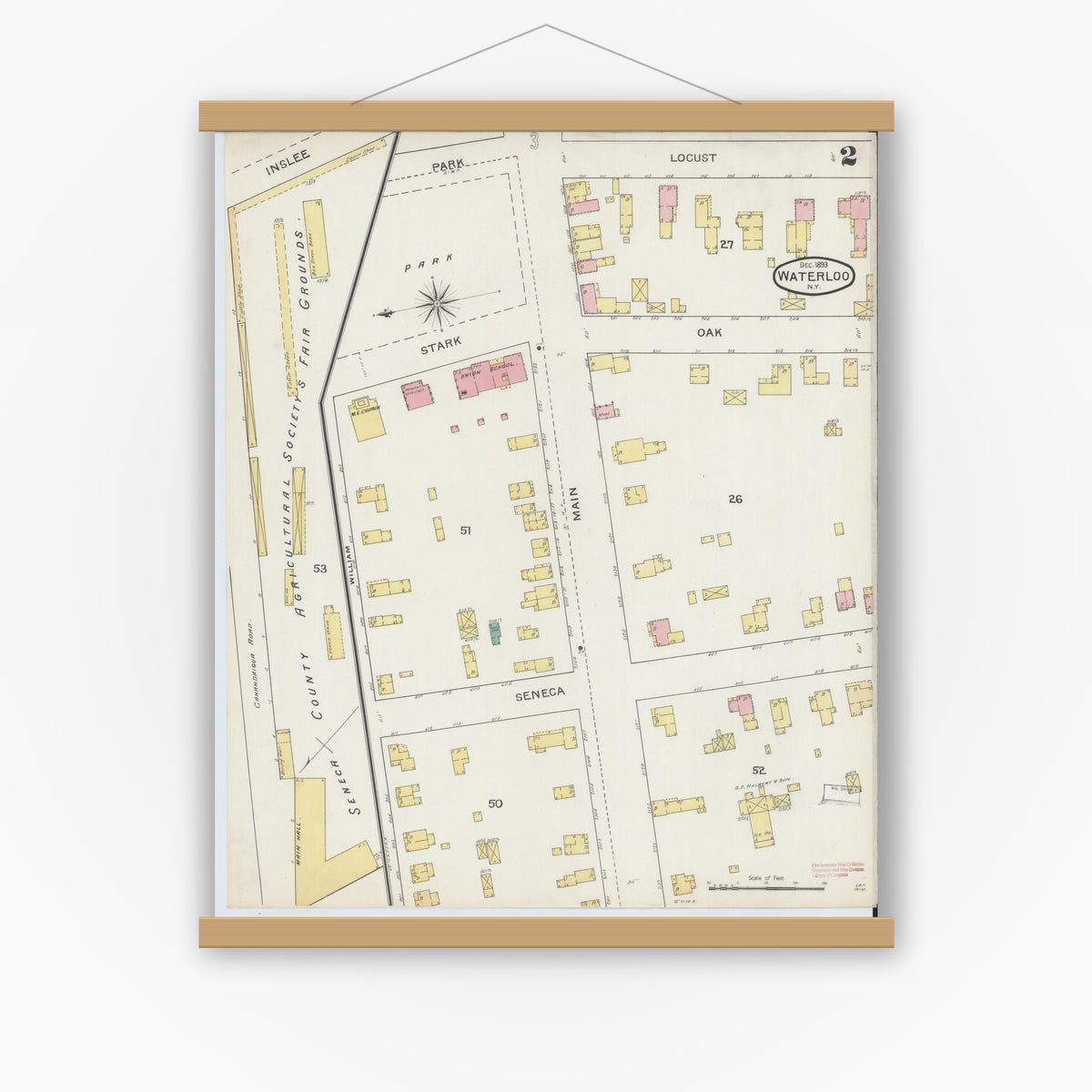 Old map wall art mockup — magnetic wood frame on white wall — Sanborn Fire Insurance Map from Waterloo, Seneca County, New York (1893), Sheet #0002