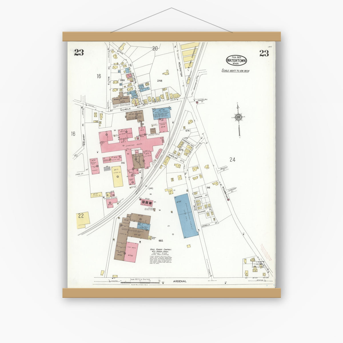 Old map wall art mockup — magnetic wood frame on white wall — Sanborn Fire Insurance Map from Watertown, Middlesex County, Massachusetts (1923), Sheet #0023