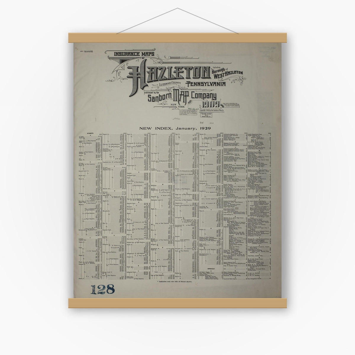 Old map wall art mockup — magnetic wood frame on white wall — Sanborn Fire Insurance Map from Hazleton, Luzerne County, Pennsylvania (1946), Sheet #0001