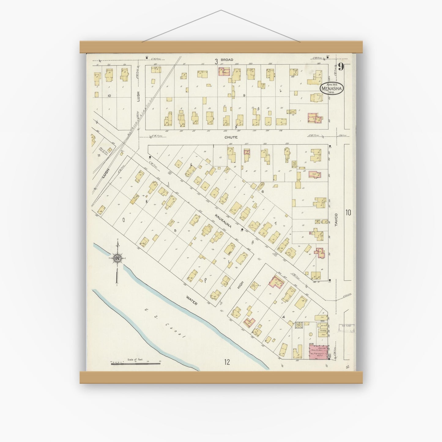 Old map wall art mockup — magnetic wood frame on white wall — Sanborn Fire Insurance Map from Menasha, Winnebago County, Wisconsin (1913), Sheet #0009