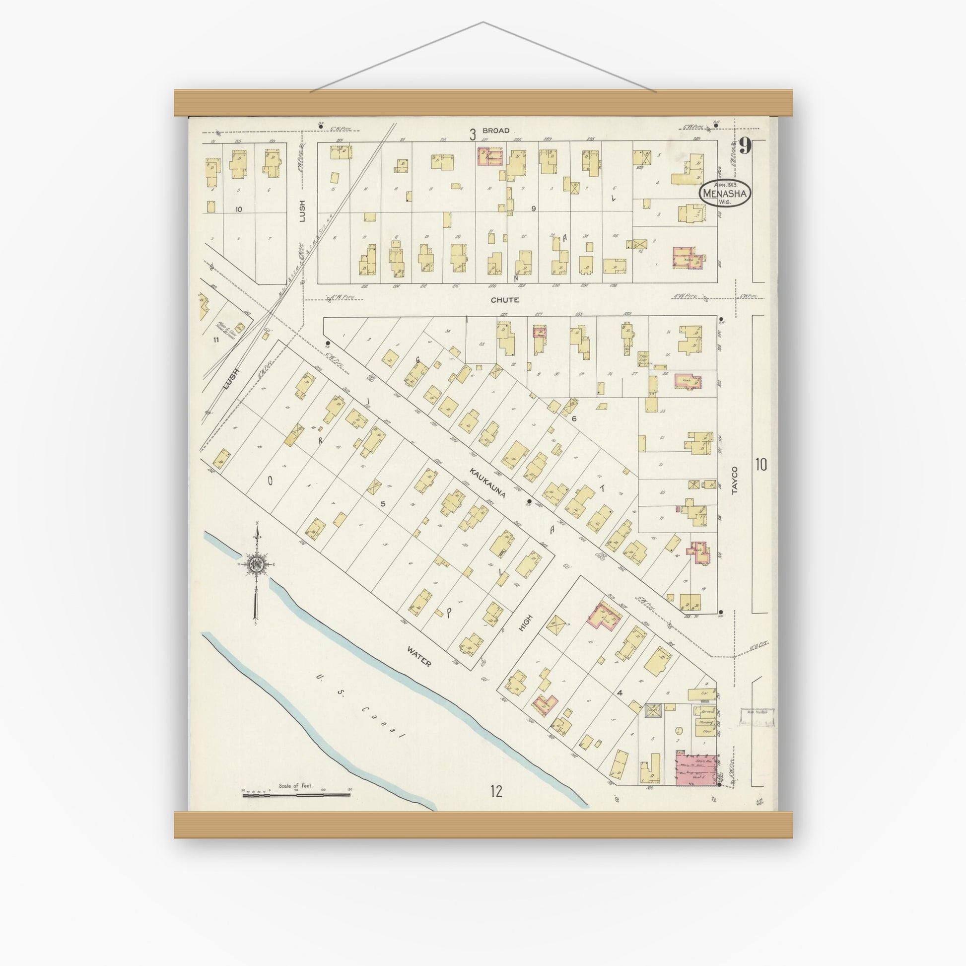 Old map wall art mockup — magnetic wood frame on white wall — Sanborn Fire Insurance Map from Menasha, Winnebago County, Wisconsin (1913), Sheet #0009