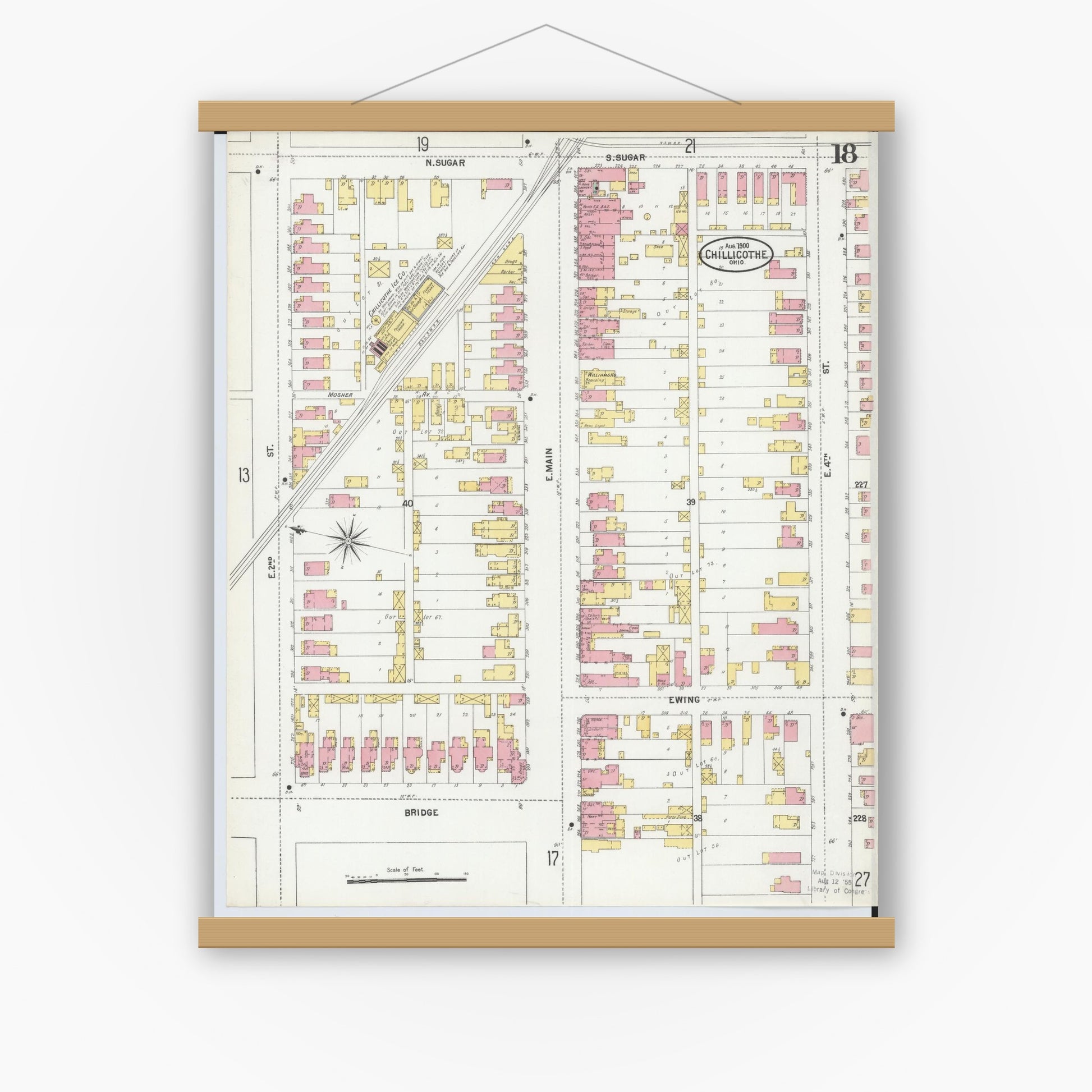 Old map wall art mockup — magnetic wood frame on white wall — Sanborn Fire Insurance Map from Chillicothe, Ross County, Ohio (1900), Sheet #0018