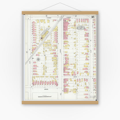 Old map wall art mockup — magnetic wood frame on white wall — Sanborn Fire Insurance Map from Chillicothe, Ross County, Ohio (1900), Sheet #0018