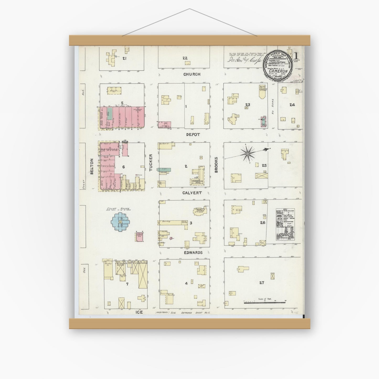 Old map wall art mockup — magnetic wood frame on white wall — Sanborn Fire Insurance Map from Cameron, Milam County, Texas (1891), Sheet #0001