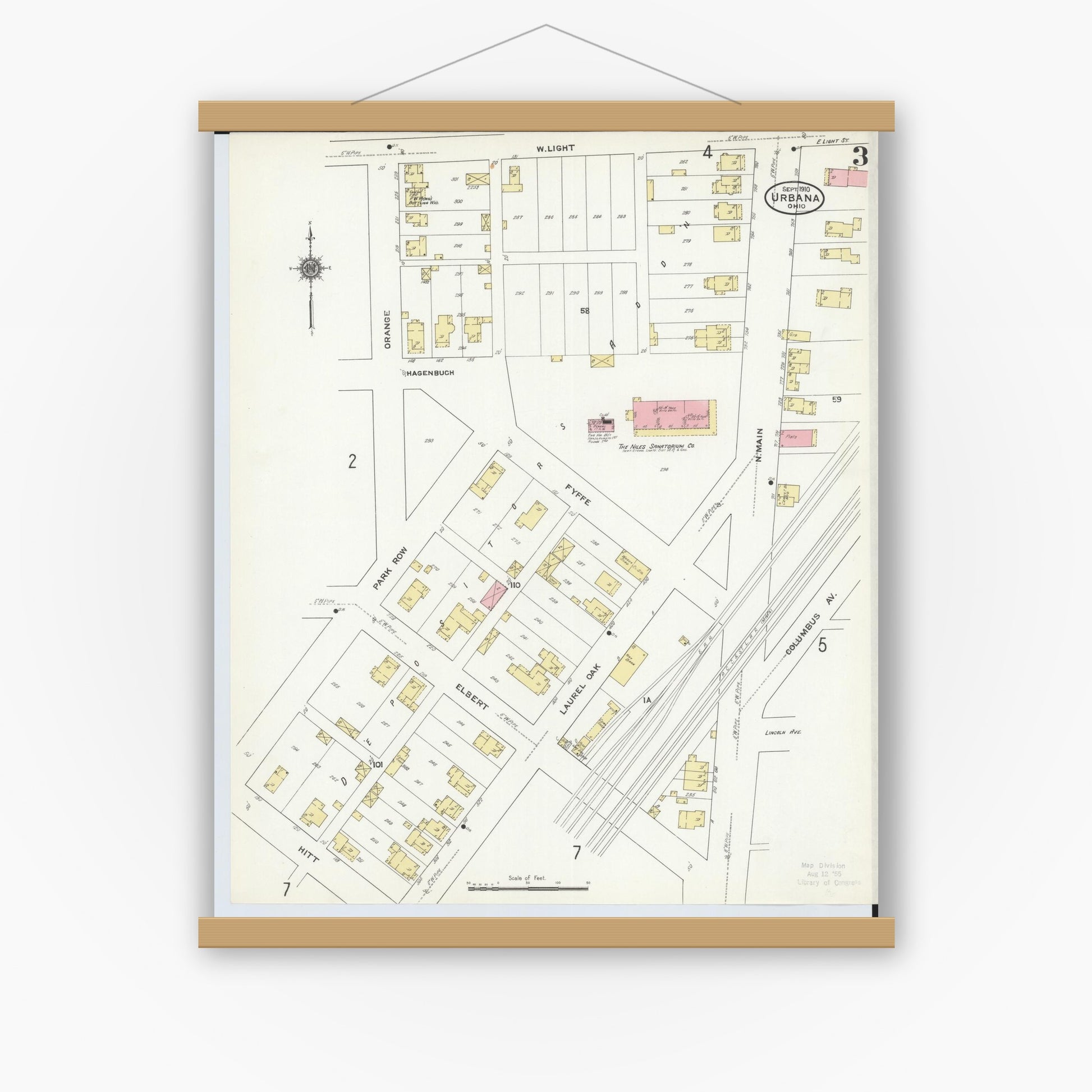 Old map wall art mockup — magnetic wood frame on white wall — Sanborn Fire Insurance Map from Urbana, Champaign County, Ohio (1910), Sheet #0003