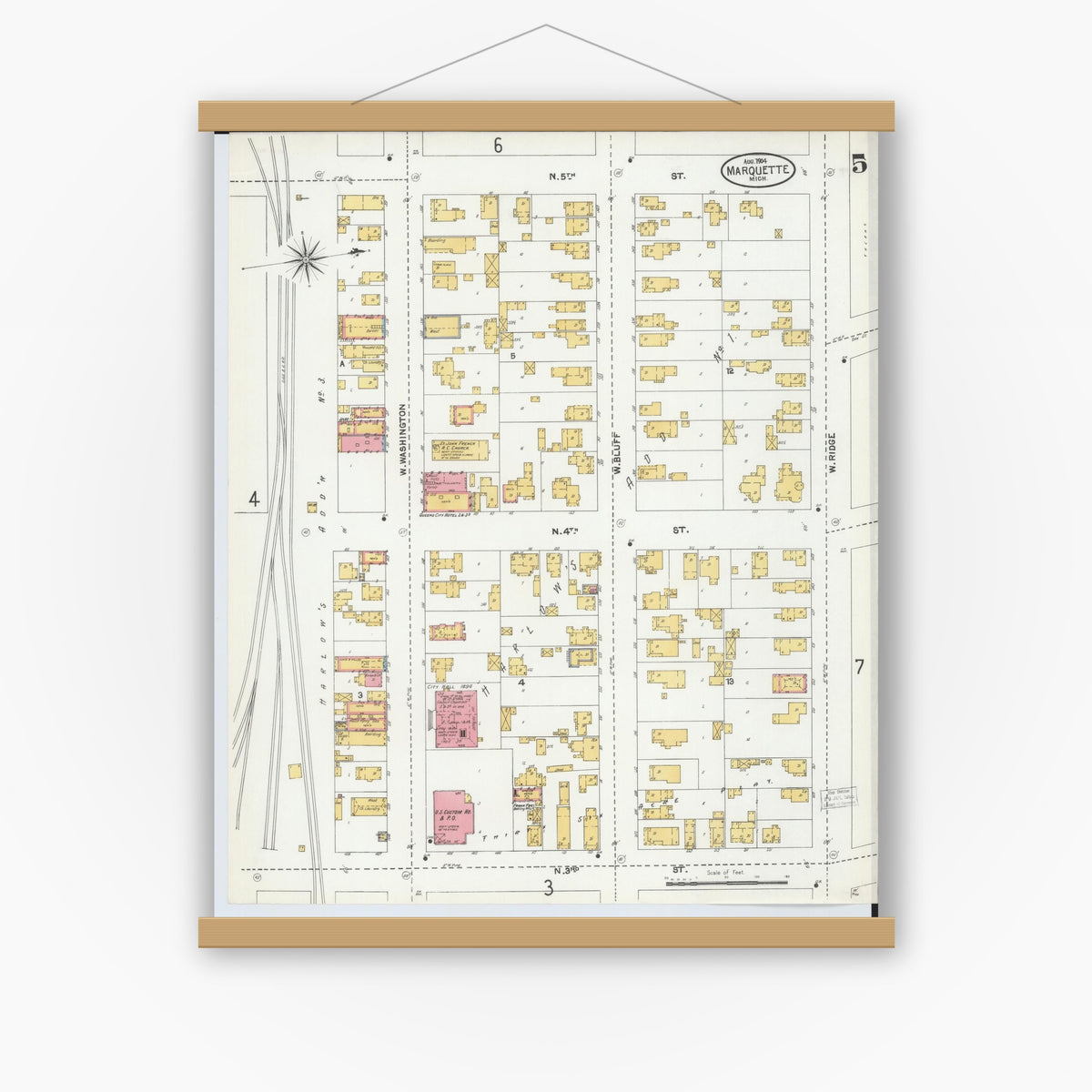 Old map wall art mockup — magnetic wood frame on white wall — Sanborn Fire Insurance Map from Marquette, Marquette County, Michigan (1904), Sheet #0005