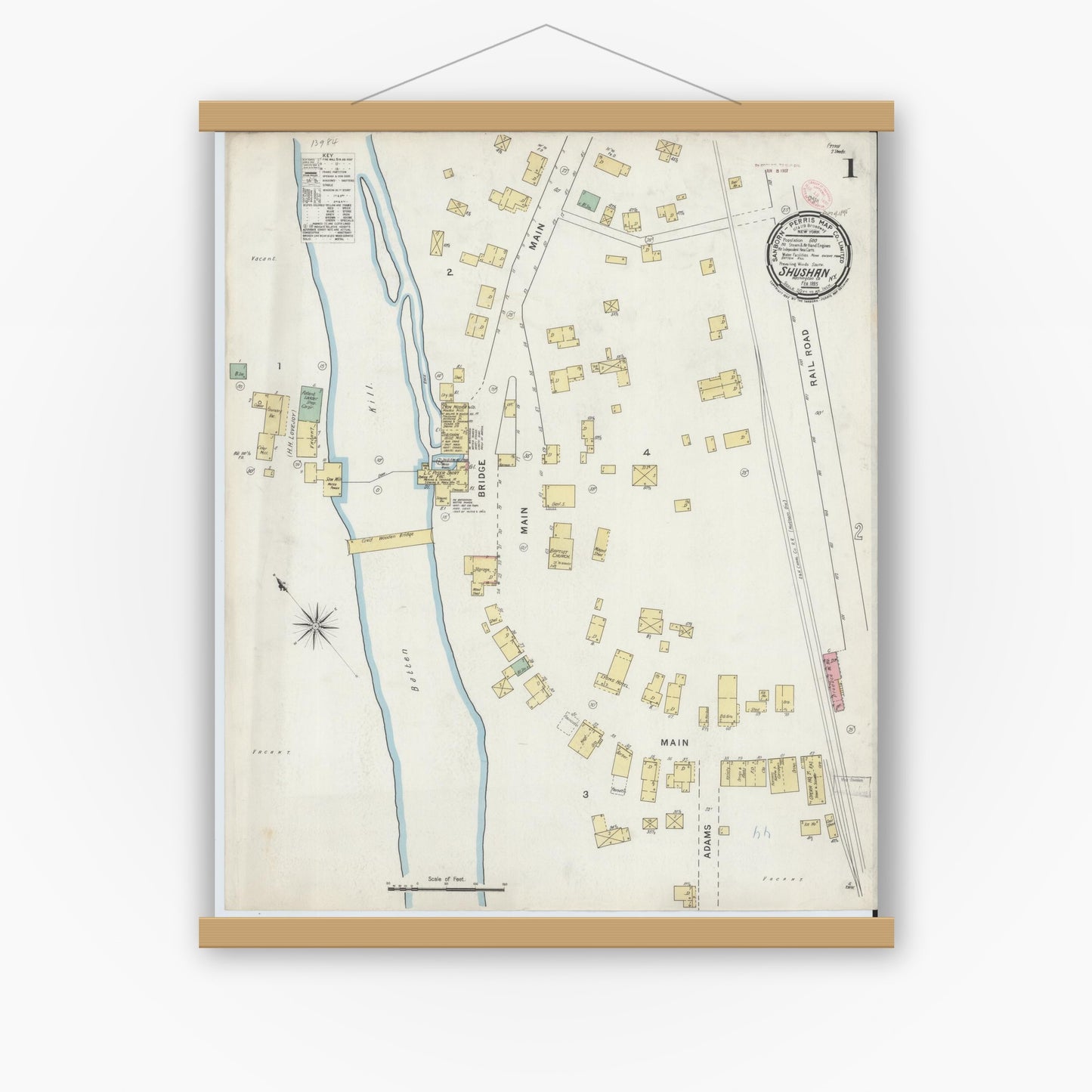Old map wall art mockup — magnetic wood frame on white wall — Sanborn Fire Insurance Map from Shushan, Washington County, New York (1895), Sheet #0001