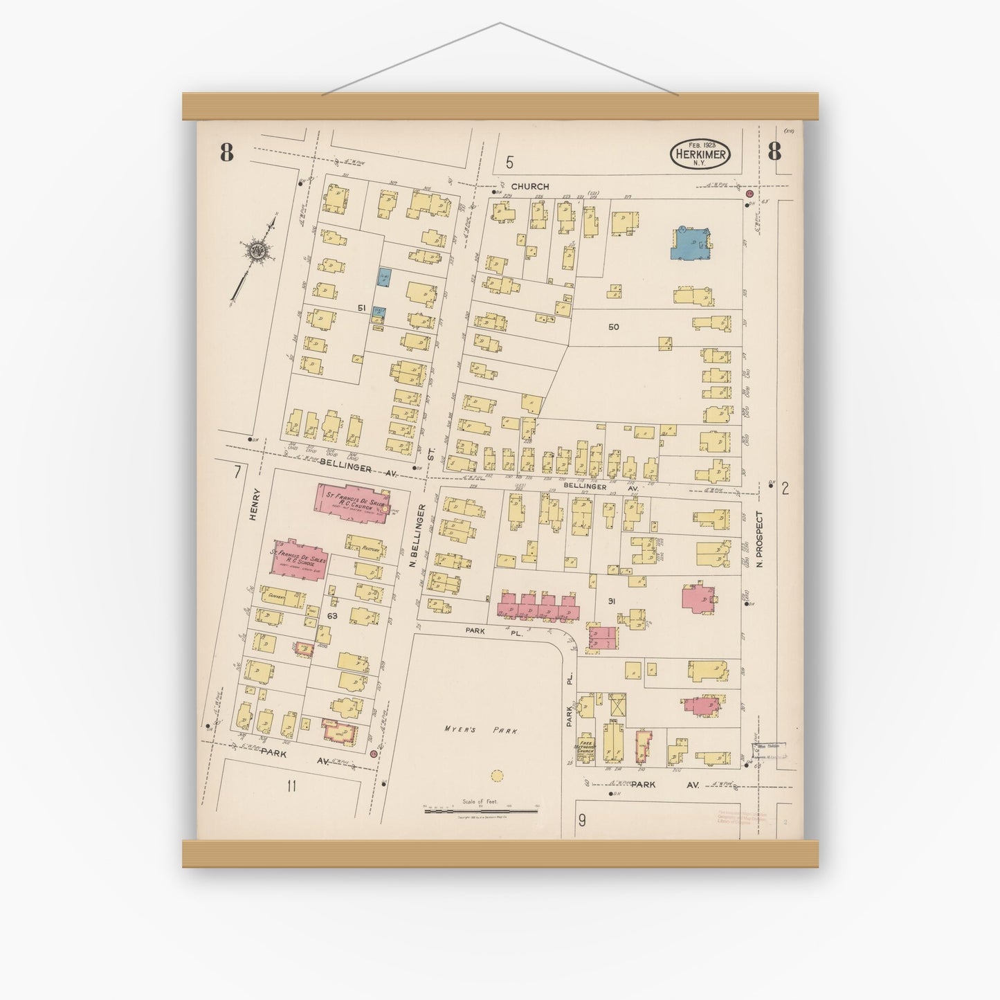 Old map wall art mockup — magnetic wood frame on white wall — Sanborn Fire Insurance Map from Herkimer, Herkimer County, New York (1923), Sheet #0008