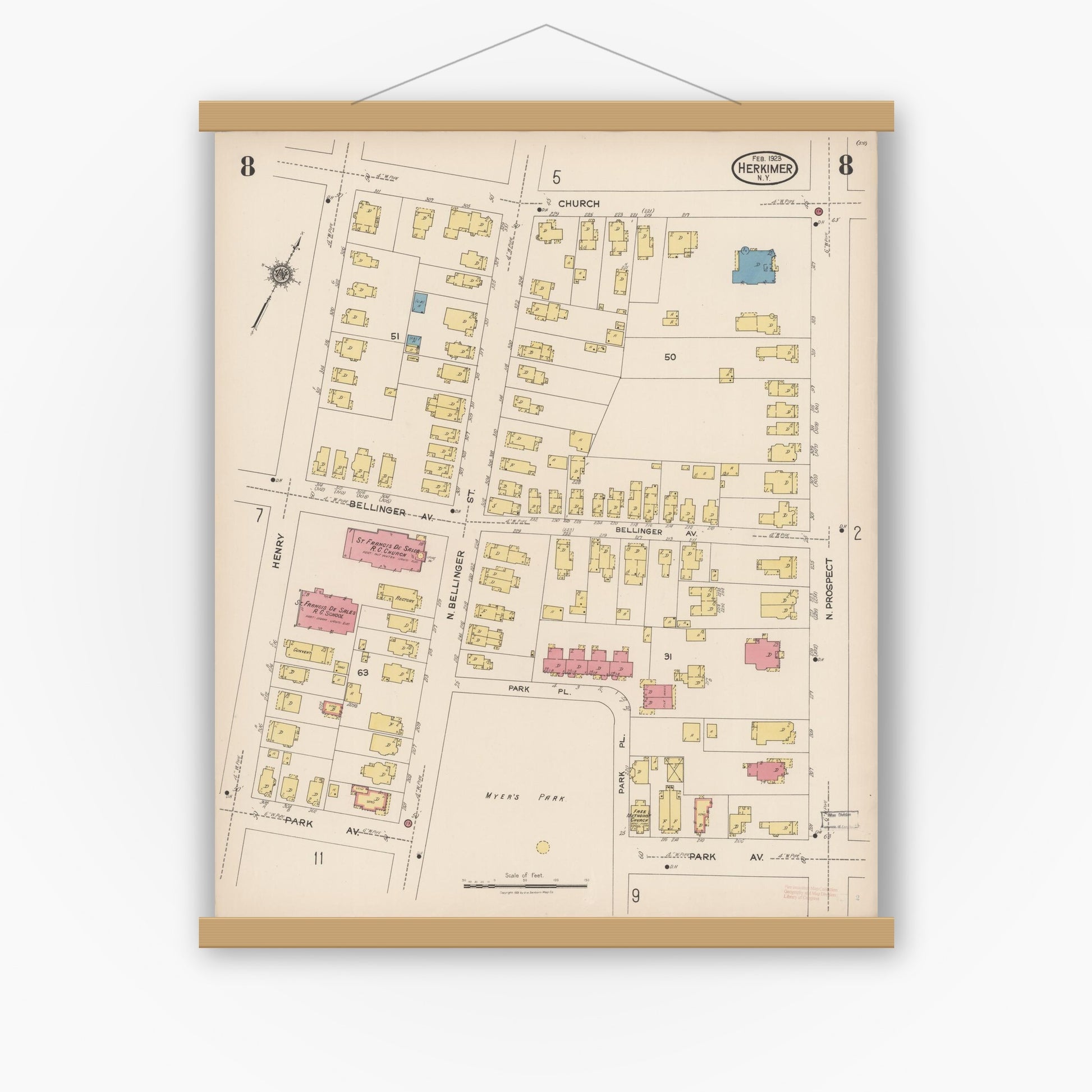 Old map wall art mockup — magnetic wood frame on white wall — Sanborn Fire Insurance Map from Herkimer, Herkimer County, New York (1923), Sheet #0008