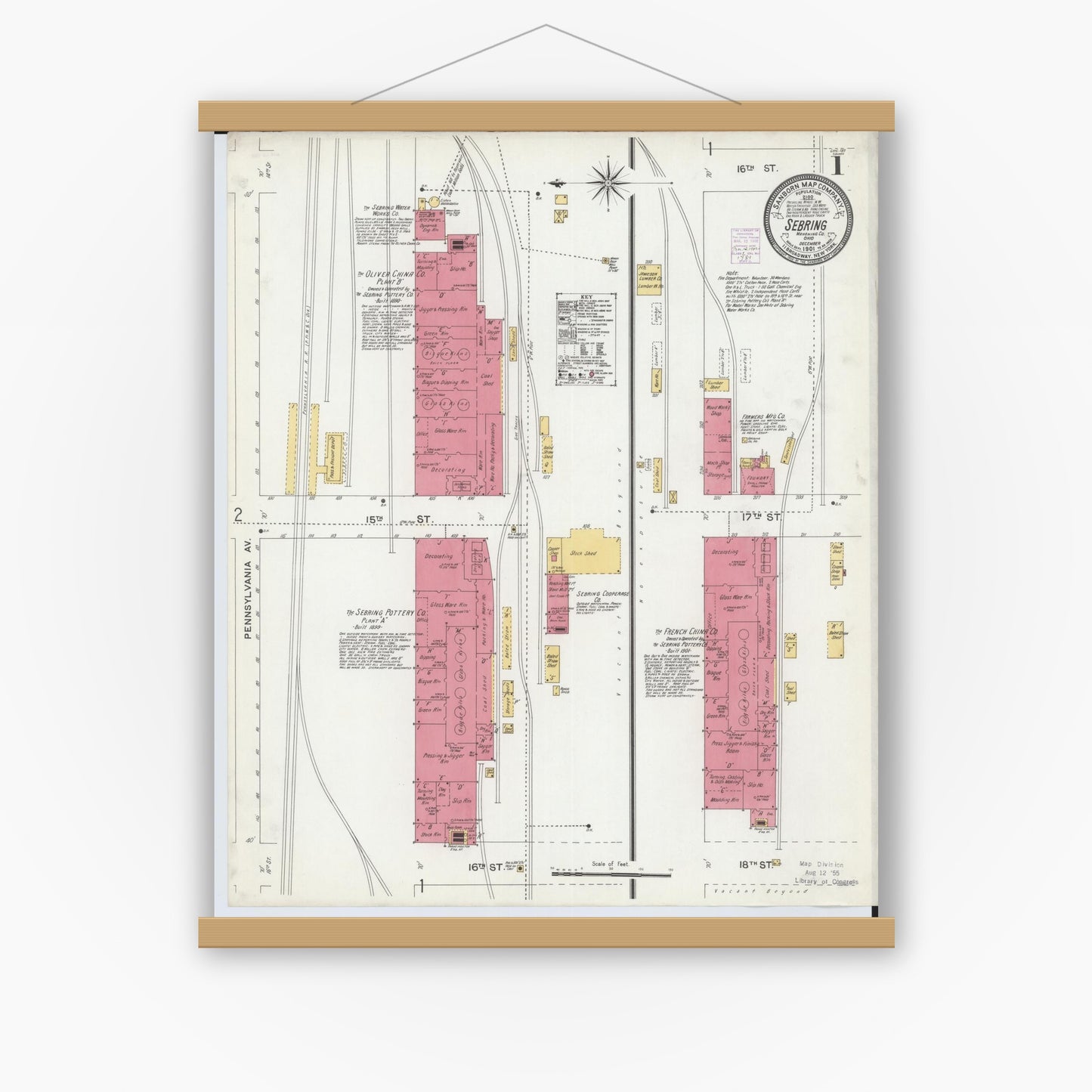 Old map wall art mockup — magnetic wood frame on white wall — Sanborn Fire Insurance Map from Sebring, Mahoning County, Ohio (1901), Sheet #0001