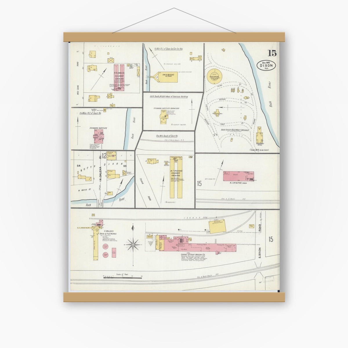Old map wall art mockup — magnetic wood frame on white wall — Sanborn Fire Insurance Map from Dixon, Lee County, Illinois (1902), Sheet #0015