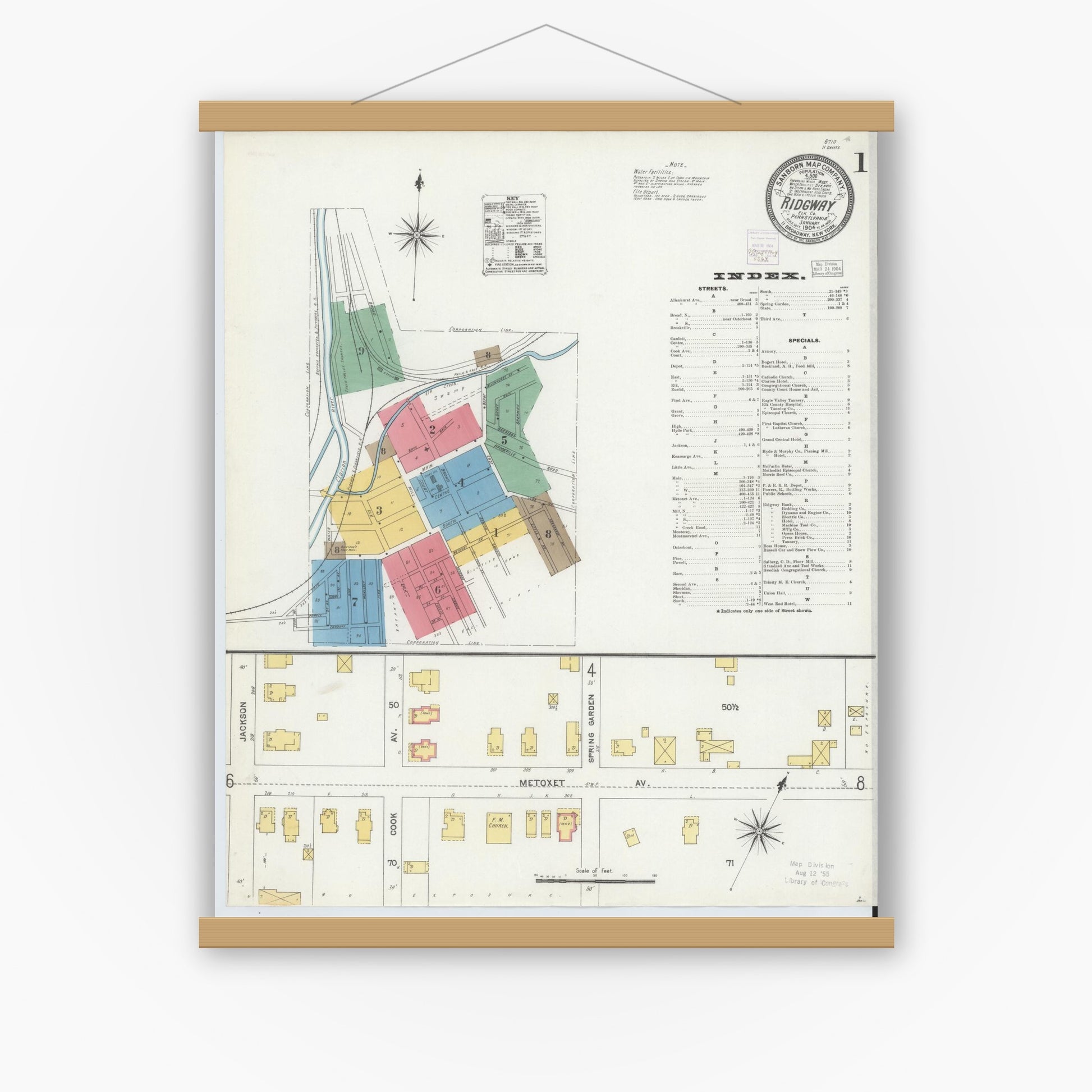 Old map wall art mockup — magnetic wood frame on white wall — Sanborn Fire Insurance Map from Ridgway, Elk County, Pennsylvania (1904) - Complete Map Set