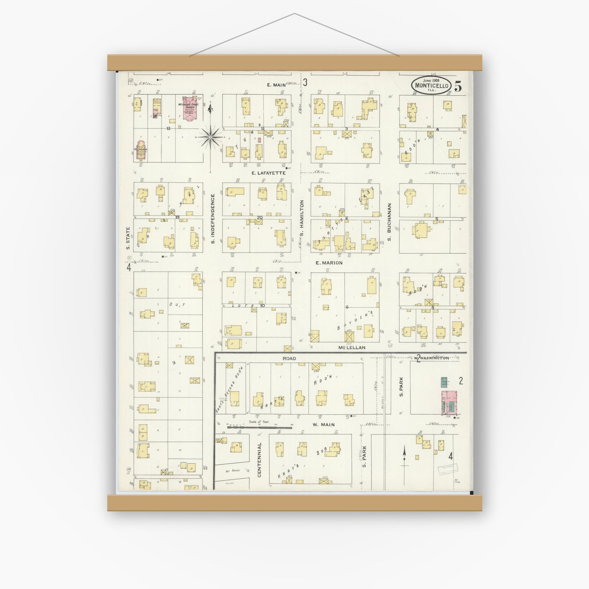Old map wall art mockup — magnetic wood frame on white wall — Sanborn Fire Insurance Map from Monticello, Piatt County, Illinois (1909), Sheet #0005