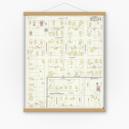 Old map wall art mockup — magnetic wood frame on white wall — Sanborn Fire Insurance Map from Monticello, Piatt County, Illinois (1909), Sheet #0005