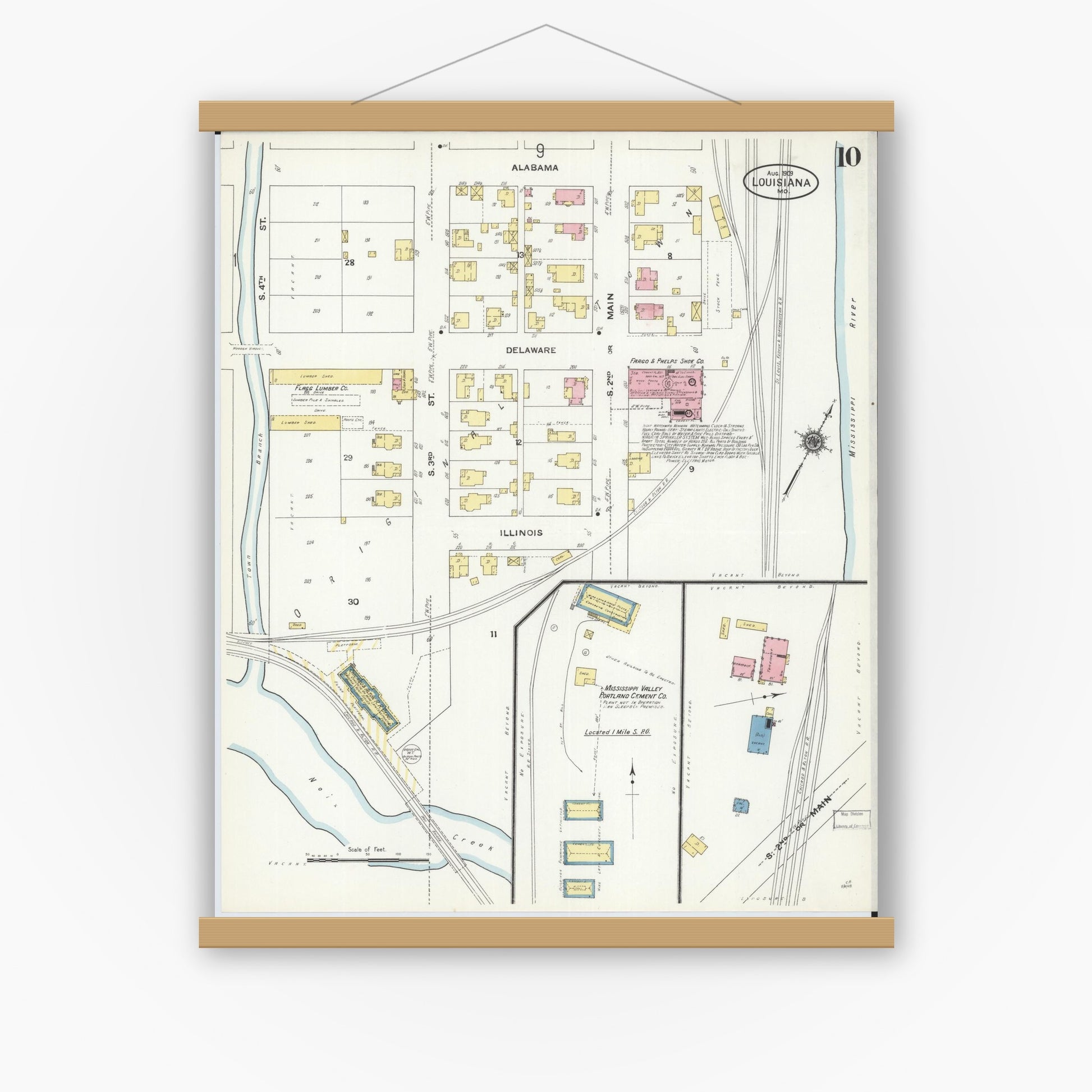 Old map wall art mockup — magnetic wood frame on white wall — Sanborn Fire Insurance Map from Louisiana, Pike County, Missouri (1909), Sheet #0010