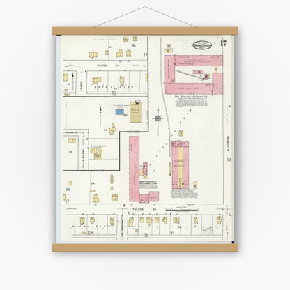 Old map wall art mockup — magnetic wood frame on white wall — Sanborn Fire Insurance Map from Grand Haven, Ottawa County, Michigan (1920), Sheet #0017