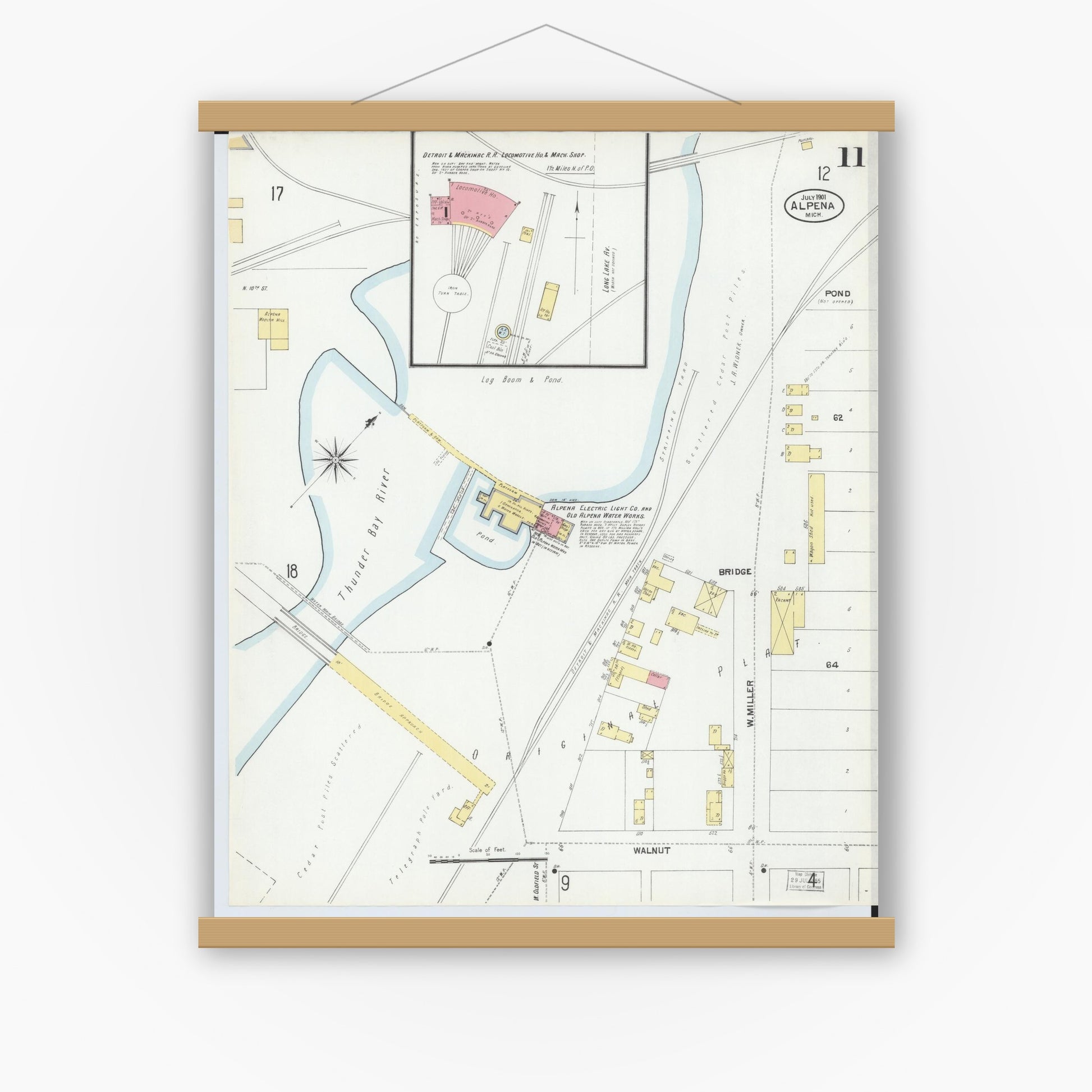 Old map wall art mockup — magnetic wood frame on white wall — Sanborn Fire Insurance Map from Alpena, Alpena County, Michigan (1901), Sheet #0011