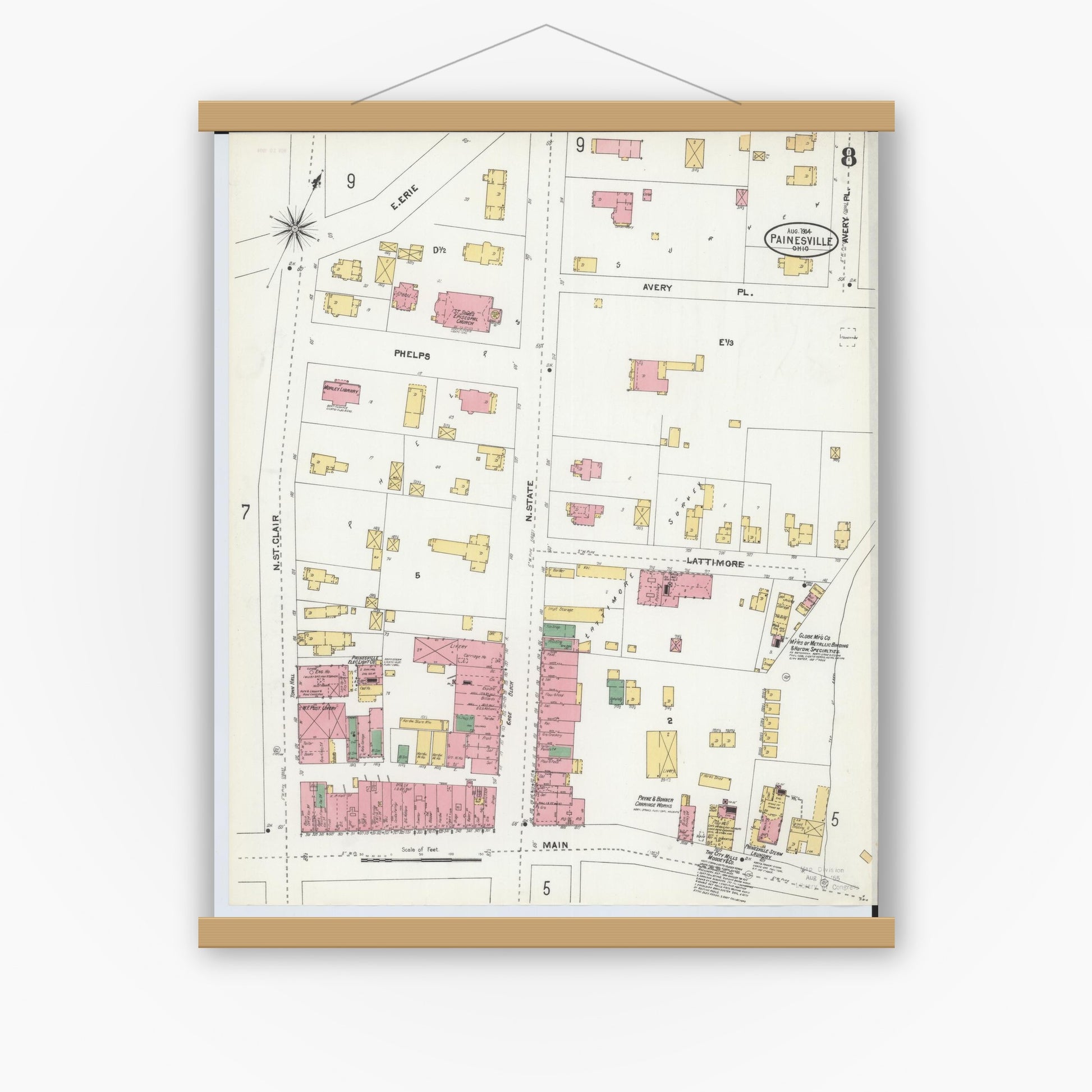 Old map wall art mockup — magnetic wood frame on white wall — Sanborn Fire Insurance Map from Painesville, Lake County, Ohio (1904), Sheet #0008