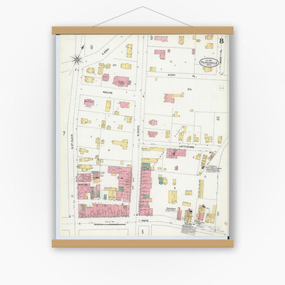 Old map wall art mockup — magnetic wood frame on white wall — Sanborn Fire Insurance Map from Painesville, Lake County, Ohio (1904), Sheet #0008