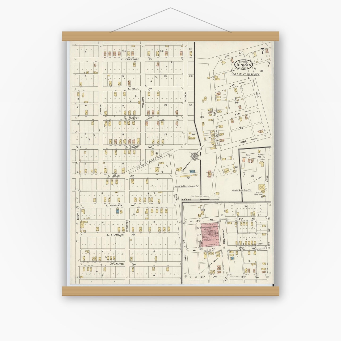 Old map wall art mockup — magnetic wood frame on white wall — Sanborn Fire Insurance Map from Juniata, Blair County, Pennsylvania (1915), Sheet #0007